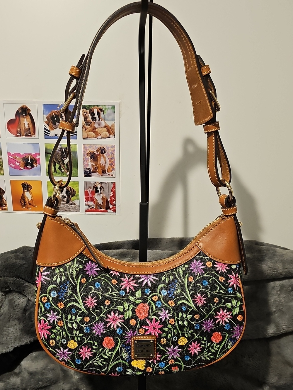 Dooney & Bourke Black Floral Shoulder Bag with Tan Trim